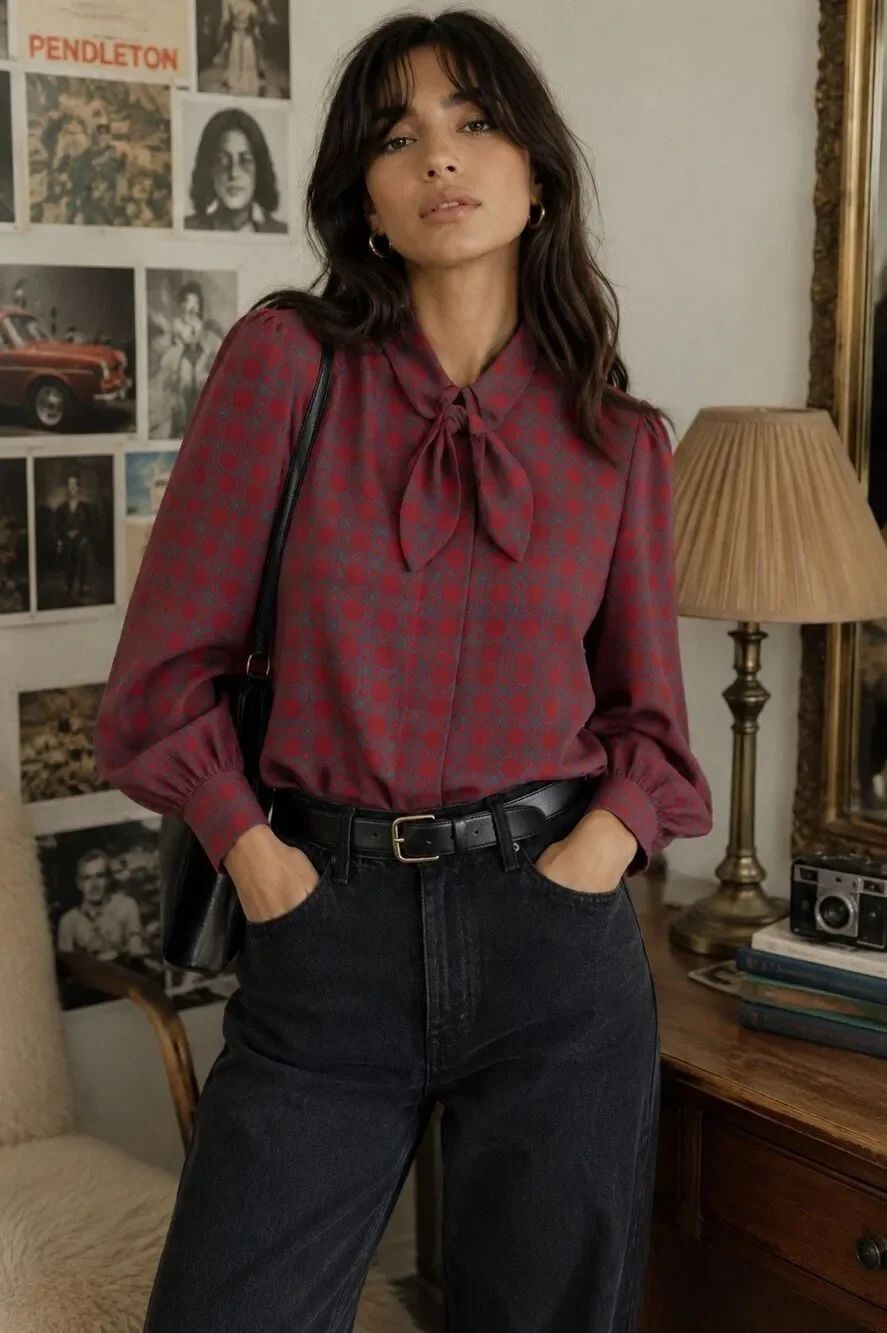 Vintage Pendleton Secretary Blouse Bow Tie Neck Red Geometric USA Size 6